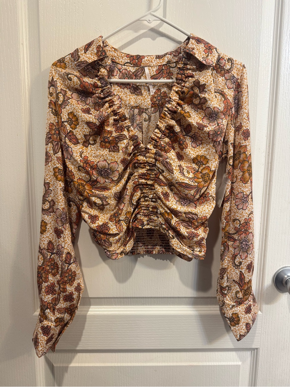 Free People Floral Ruched V-Neck Crop Blouse - Brown Multi